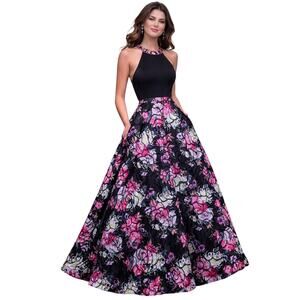 Nina Canacci Dark Floral Beaded Halter Formal Prom Dress Strappy Back Size 8